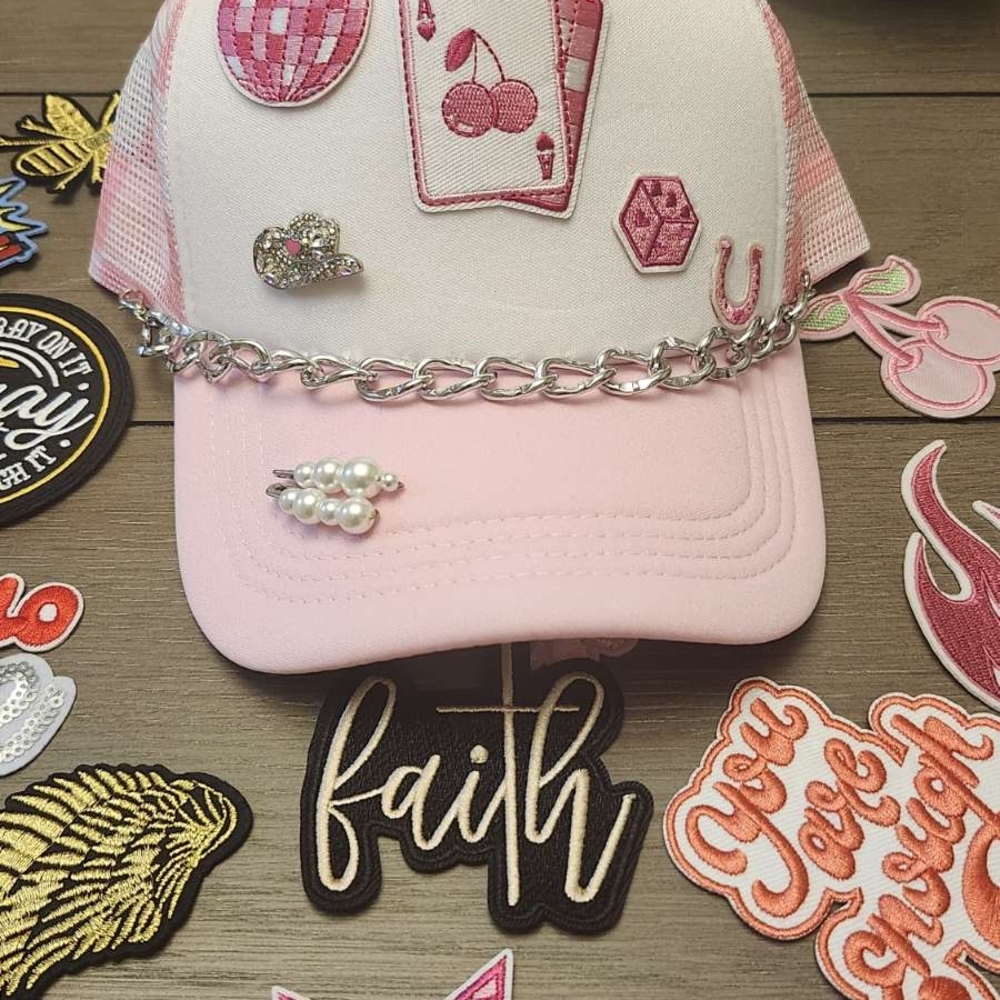 Pink Baseball Cap with Chain and Patches